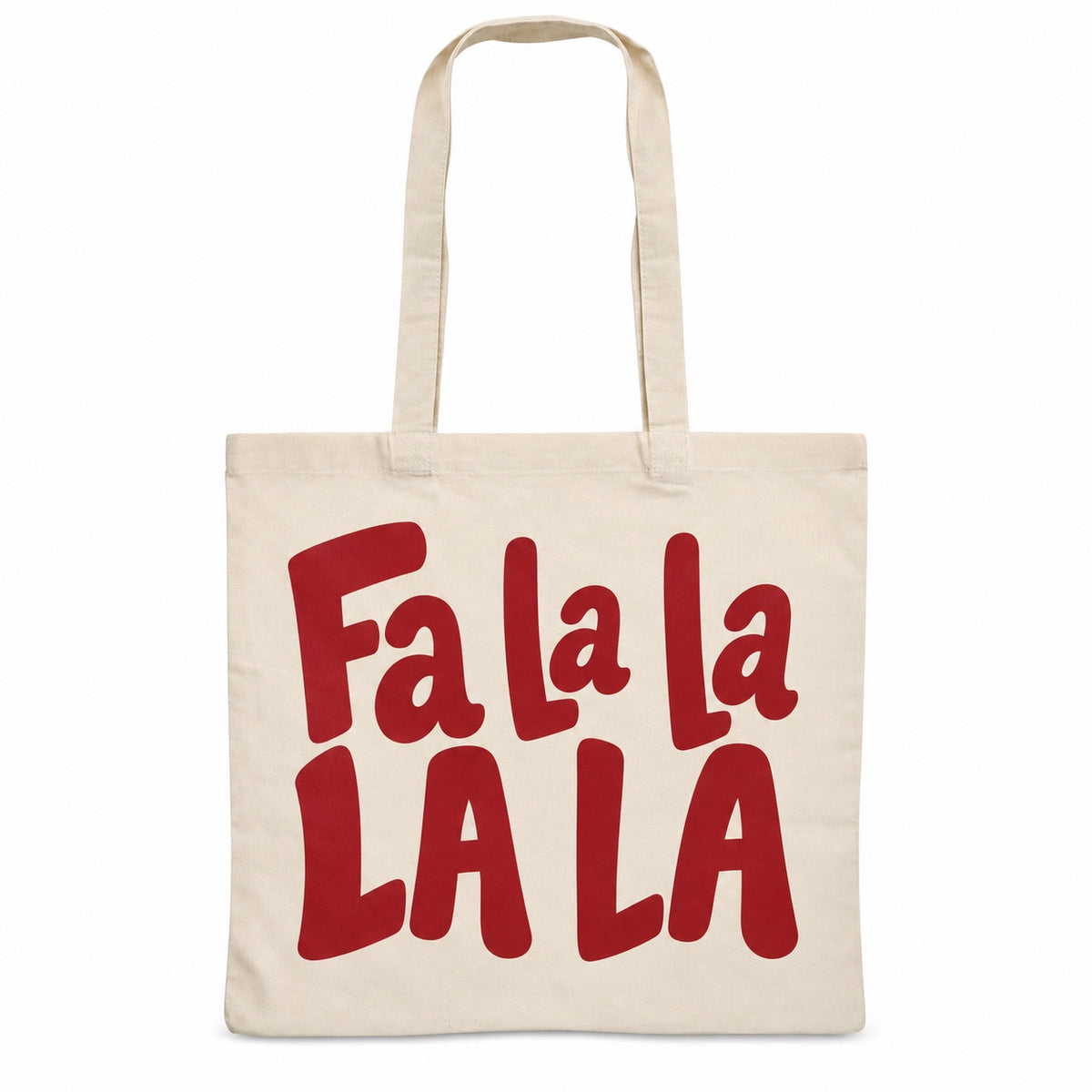 Tote bag de Noël « Fa la la la la » Essentiel, sac plat en coton naturel 140 g/m² de 38 × 42 cm, grand lettrage rétro en bordeaux
