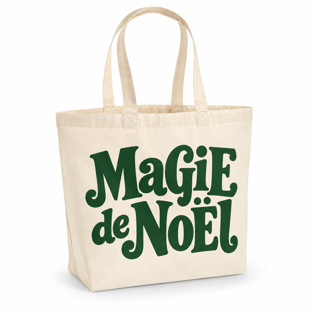 Tote bag de Noël « Magie de Noël » Premium, cabas à soufflet en coton naturel 200 g/m² de 18 litres, grand lettrage rétro en vert sapin