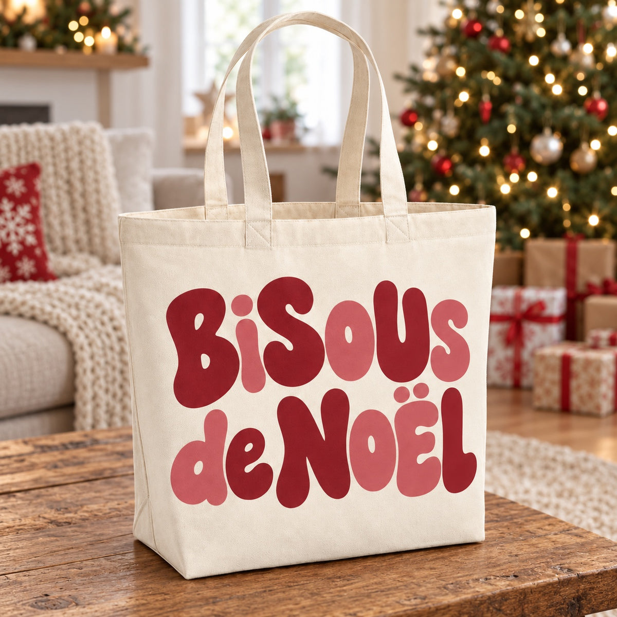 Tote bag de Noël « Bisous de Noël » Premium posé sur une table de salon devant le sapin
