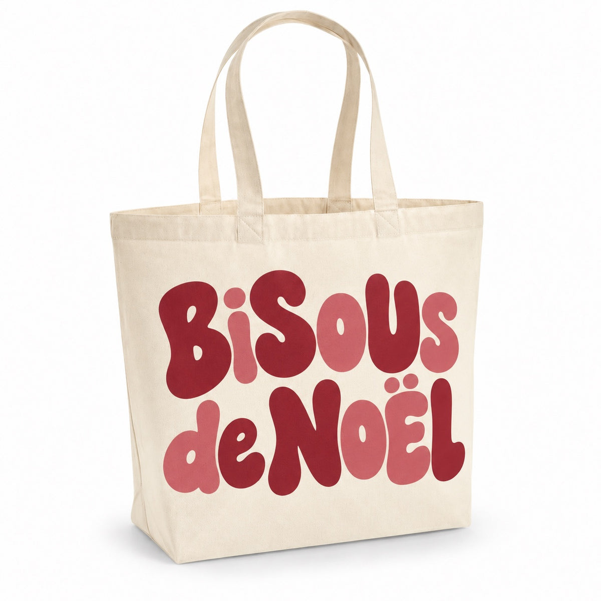 Tote bag de Noël « Bisous de Noël » Premium, cabas à soufflet en coton naturel 200 g/m² de 18 litres, grand lettrage rétro en bordeaux et vieux rose
