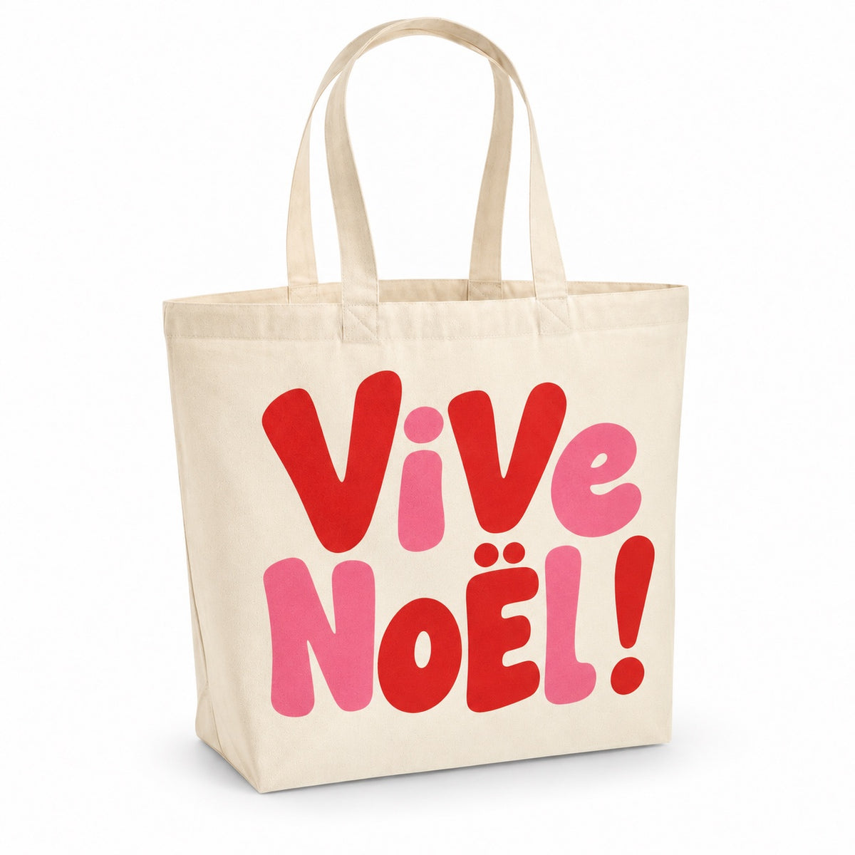 Tote bag de Noël « Vive Noël ! » Premium, cabas à soufflet en coton naturel 200 g/m² de 18 litres, grand lettrage rétro en rouge et rose