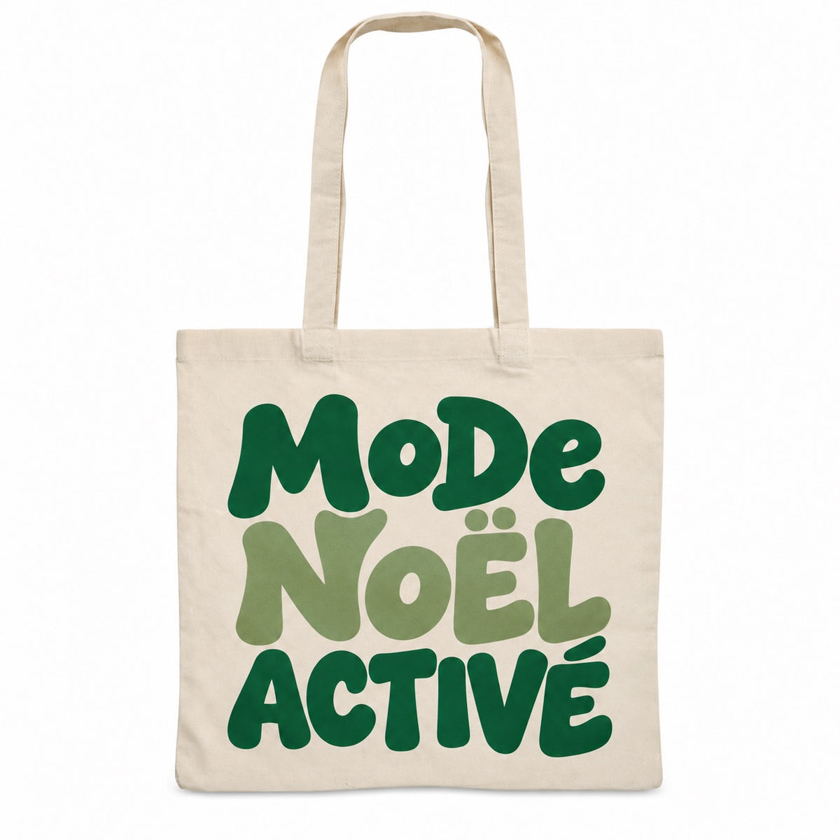 Tote bag de Noël « Mode Noël activé » Essentiel, sac plat en coton naturel 140 g/m² de 38 × 42 cm, grand lettrage rétro en vert sapin et vert sauge