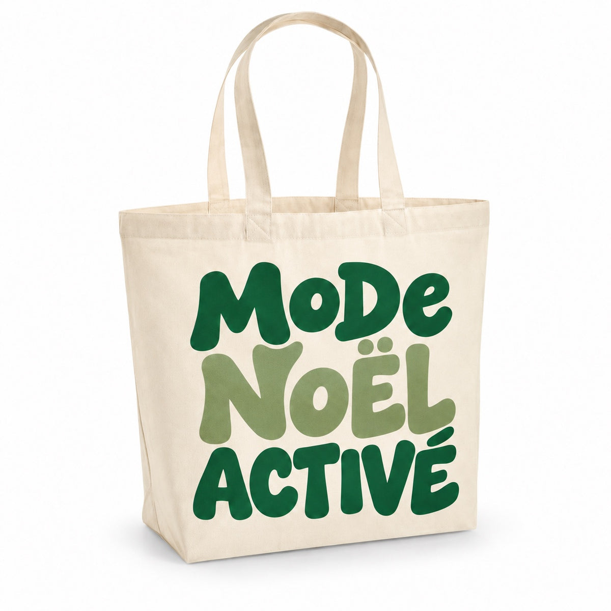 Tote bag de Noël « Mode Noël activé » Premium, cabas à soufflet en coton naturel 200 g/m² de 18 litres, grand lettrage rétro en vert sapin et vert sauge