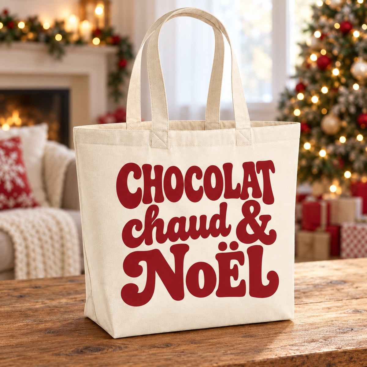 Tote bag de Noël « Chocolat chaud & Noël » Premium posé sur une table de salon devant le sapin