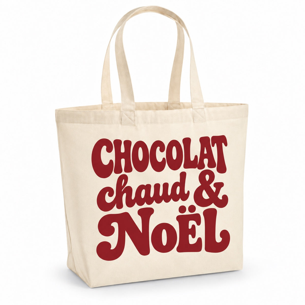 Tote bag de Noël « Chocolat chaud & Noël » Premium, cabas à soufflet en coton naturel 200 g/m² de 18 litres, grand lettrage rétro en bordeaux