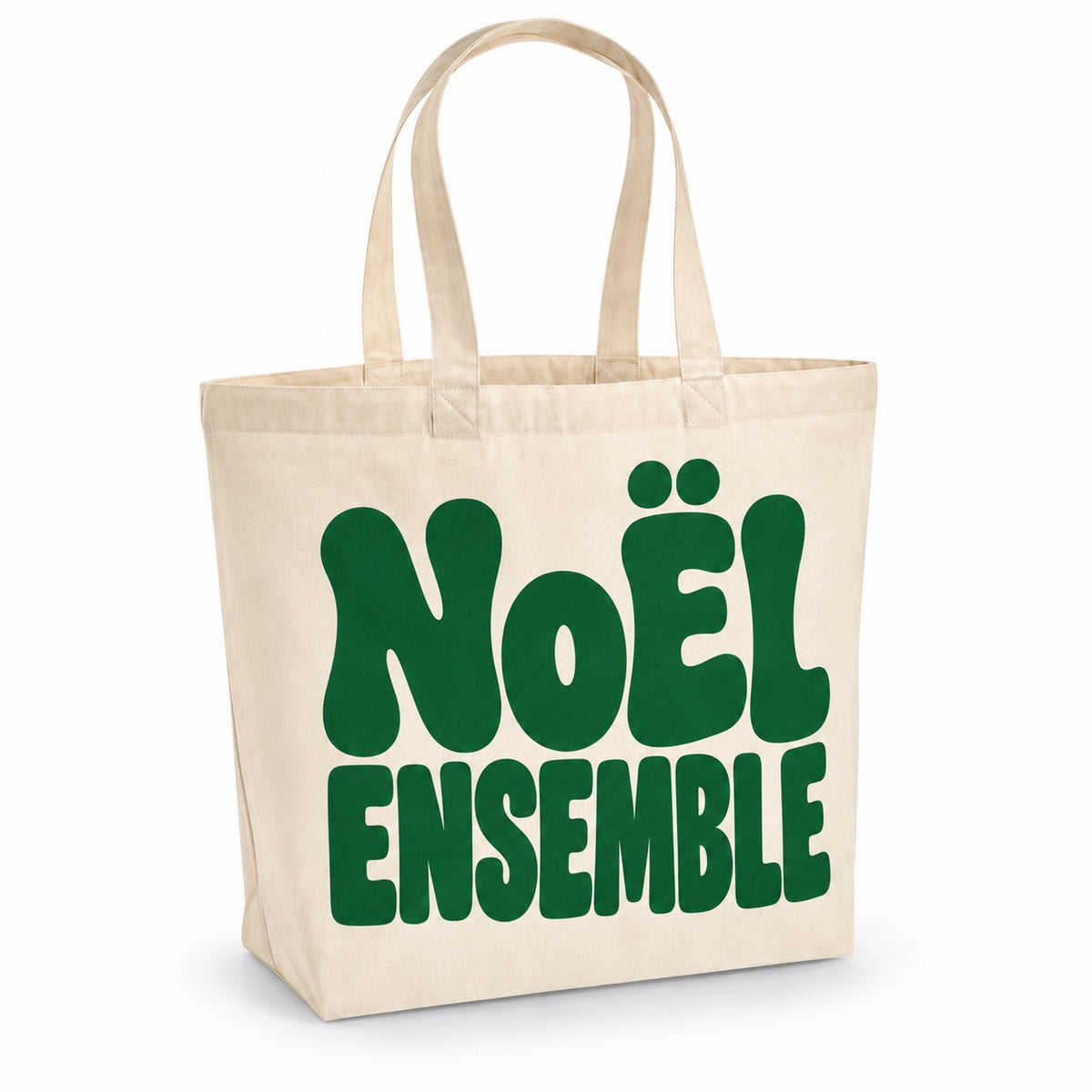 Tote bag de Noël « Noël ensemble » Premium, cabas à soufflet en coton naturel 200 g/m² de 18 litres, grand lettrage rétro en vert sapin