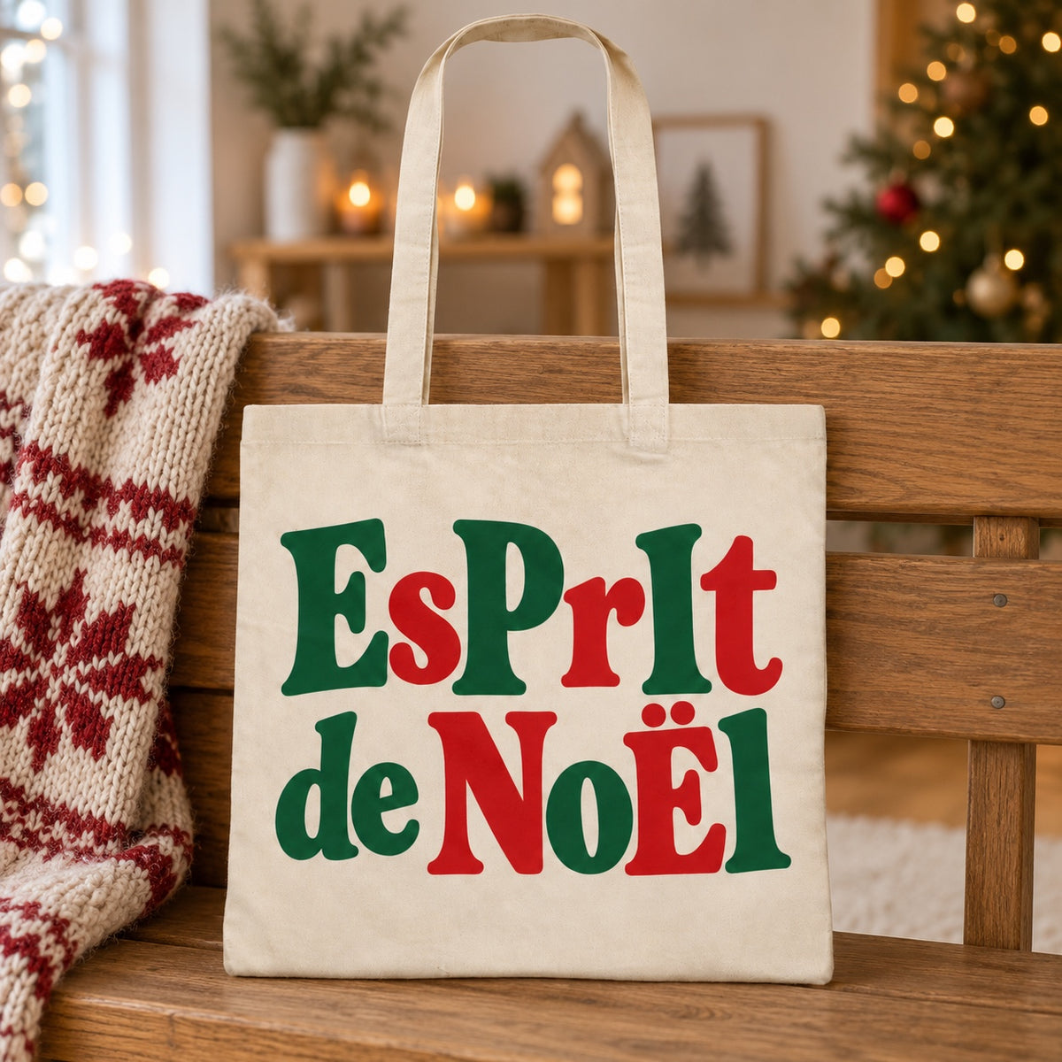 Tote bag de Noël « Esprit de Noël » Essentiel appuyé contre un banc près d'un plaid de Noël