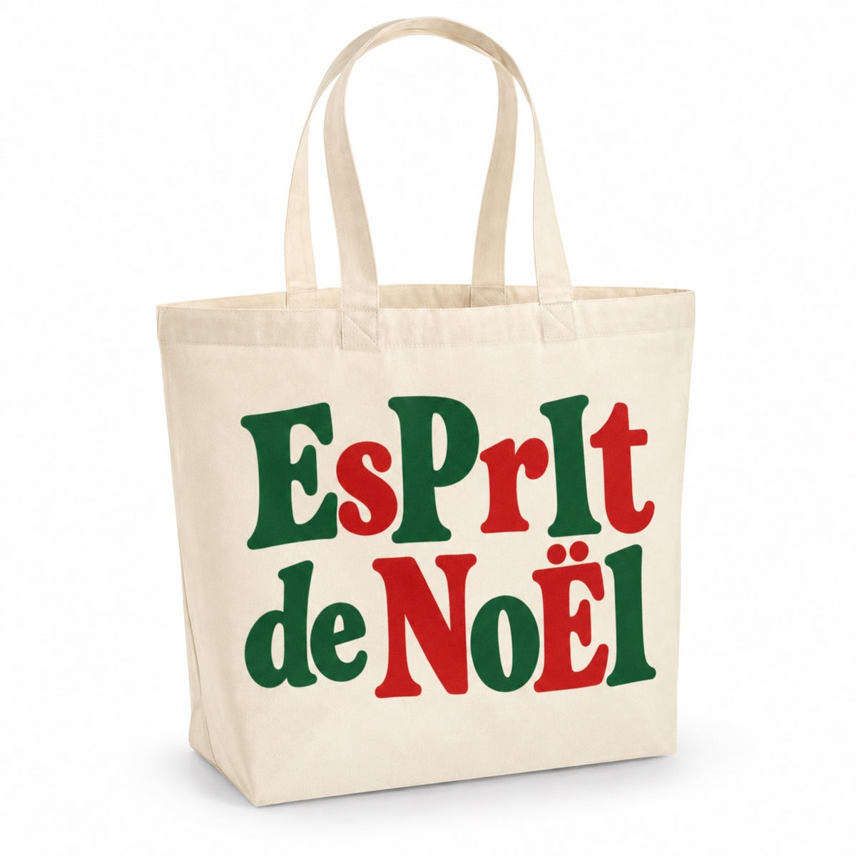 Tote bag de Noël « Esprit de Noël » Premium, cabas à soufflet en coton naturel 200 g/m² de 18 litres, grand lettrage rétro en vert sapin et rouge