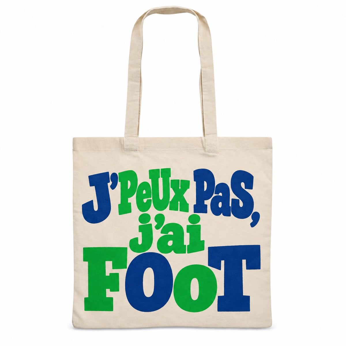 Tote bag « J'peux pas, j'ai foot » Essentiel, sac plat en coton naturel 140 g/m² de 38 × 42 cm, grand lettrage rétro en vert gazon et bleu marine
