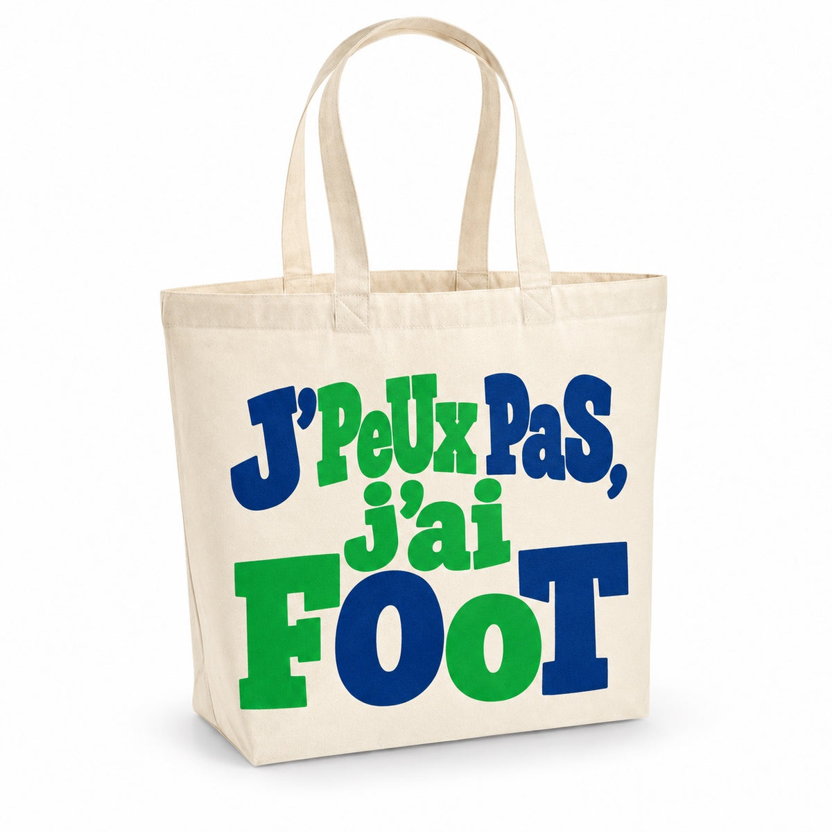Tote bag « J'peux pas, j'ai foot » Premium, cabas à soufflet en coton naturel 200 g/m² de 18 litres, grand lettrage rétro en vert gazon et bleu marine