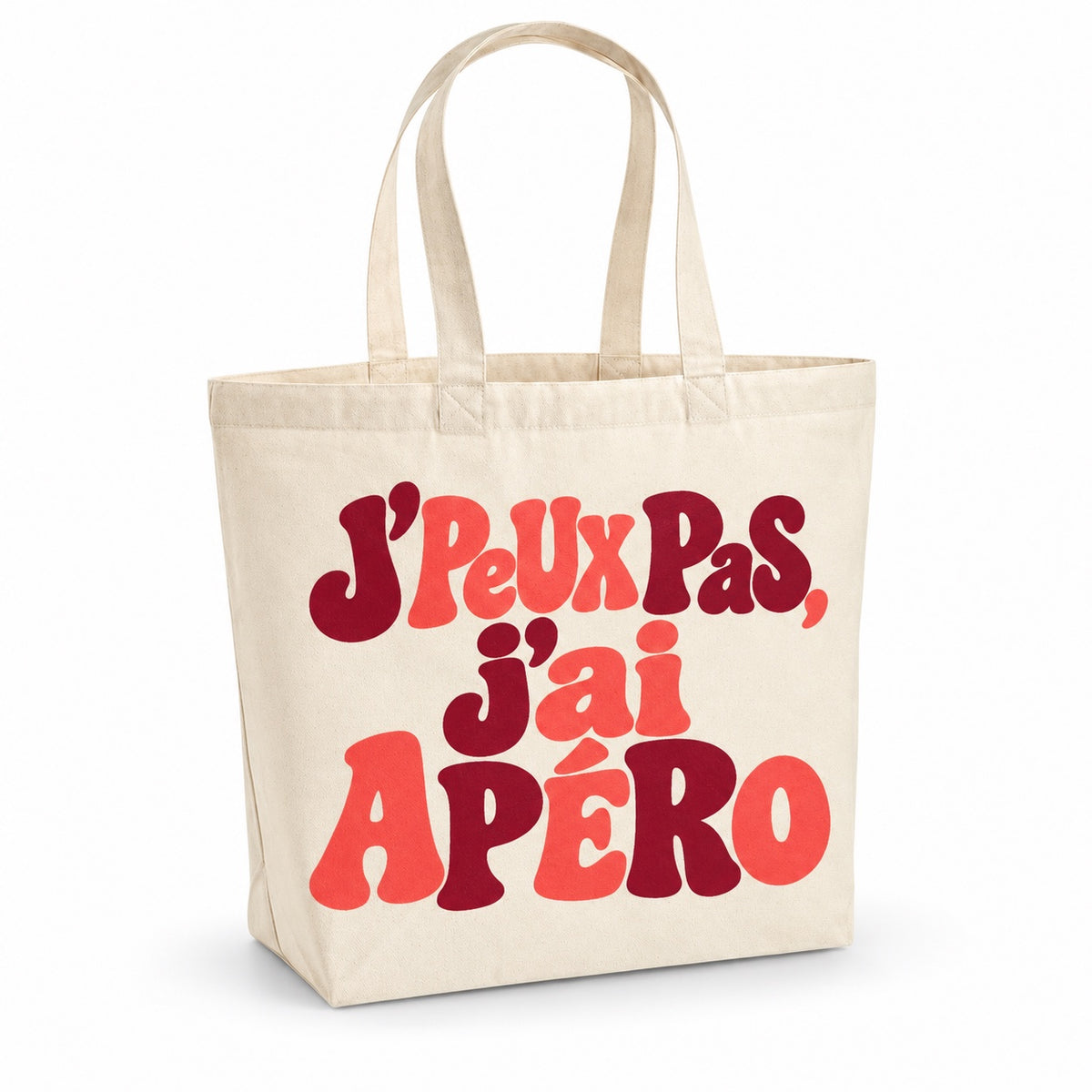Tote bag « J'peux pas, j'ai apéro » Premium, cabas à soufflet en coton naturel 200 g/m² de 18 litres, grand lettrage rétro en bordeaux et corail