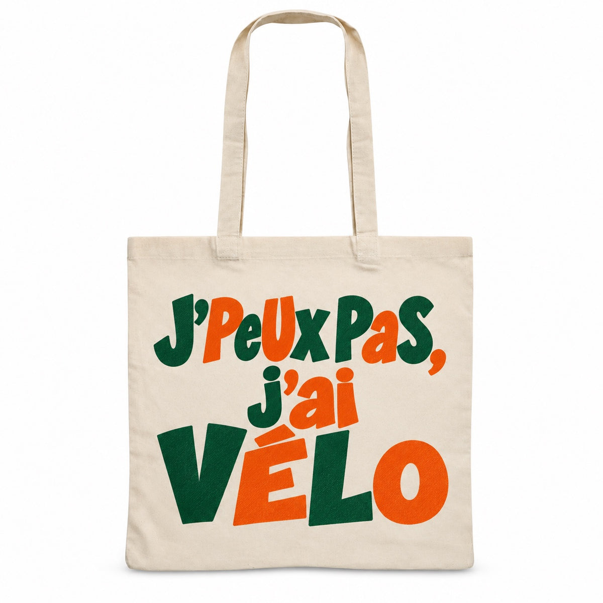 Tote bag « J'peux pas, j'ai vélo » Essentiel, sac plat en coton naturel 140 g/m² de 38 × 42 cm, grand lettrage rétro en vert forêt et orange brûlé