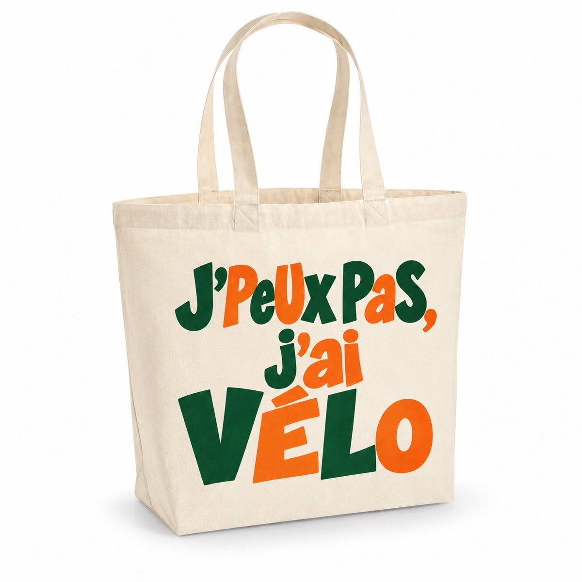 Tote bag « J'peux pas, j'ai vélo » Premium, cabas à soufflet en coton naturel 200 g/m² de 18 litres, grand lettrage rétro en vert forêt et orange brûlé