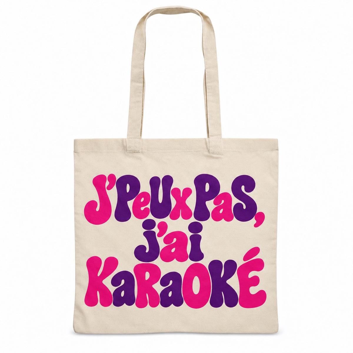 Tote bag « J'peux pas, j'ai karaoké » Essentiel, sac plat en coton naturel 140 g/m² de 38 × 42 cm, grand lettrage rétro en magenta et violet profond