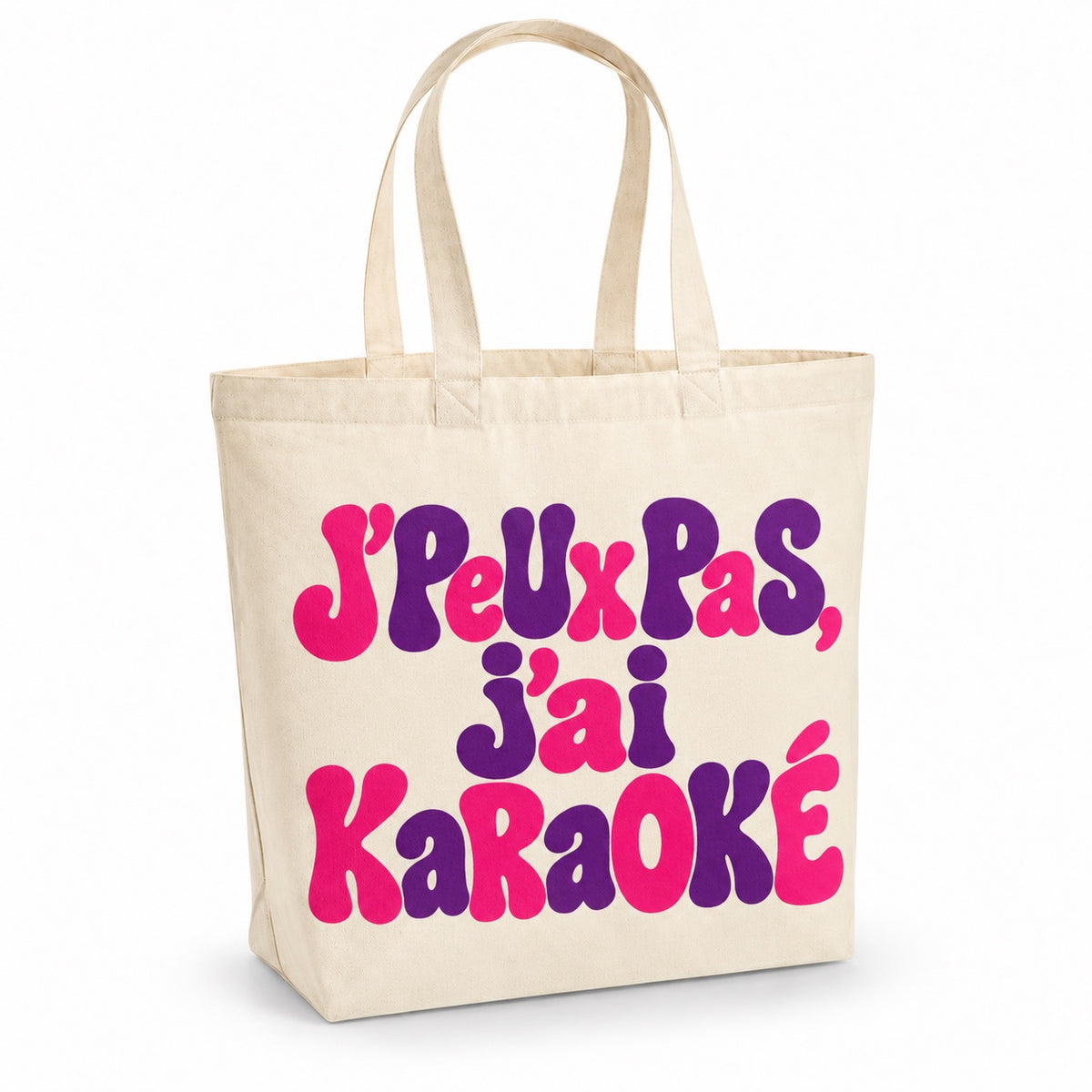 Tote bag « J'peux pas, j'ai karaoké » Premium, cabas à soufflet en coton naturel 200 g/m² de 18 litres, grand lettrage rétro en magenta et violet profond