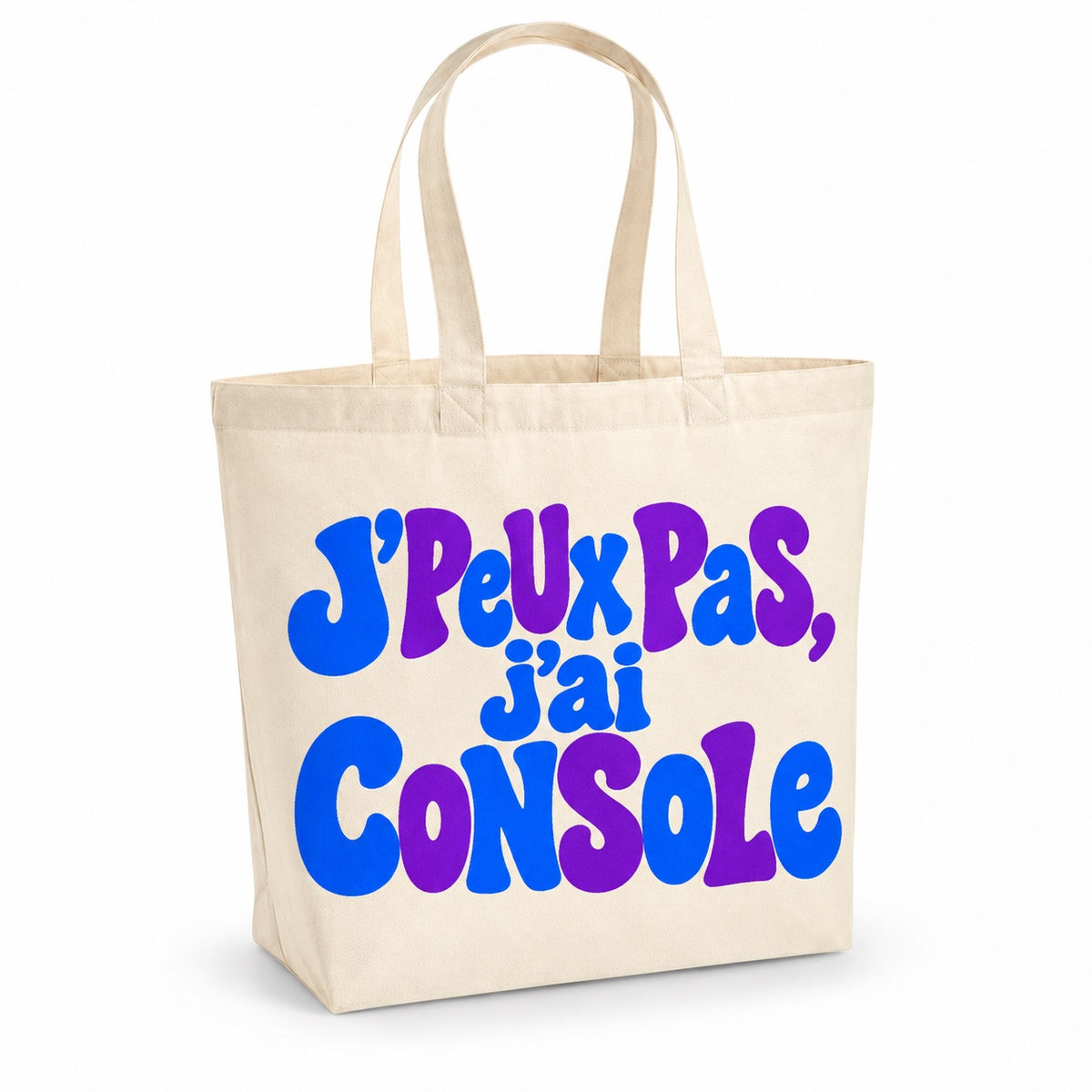 Tote bag « J'peux pas, j'ai console » Premium, cabas à soufflet en coton naturel 200 g/m² de 18 litres, grand lettrage rétro en bleu électrique et violet