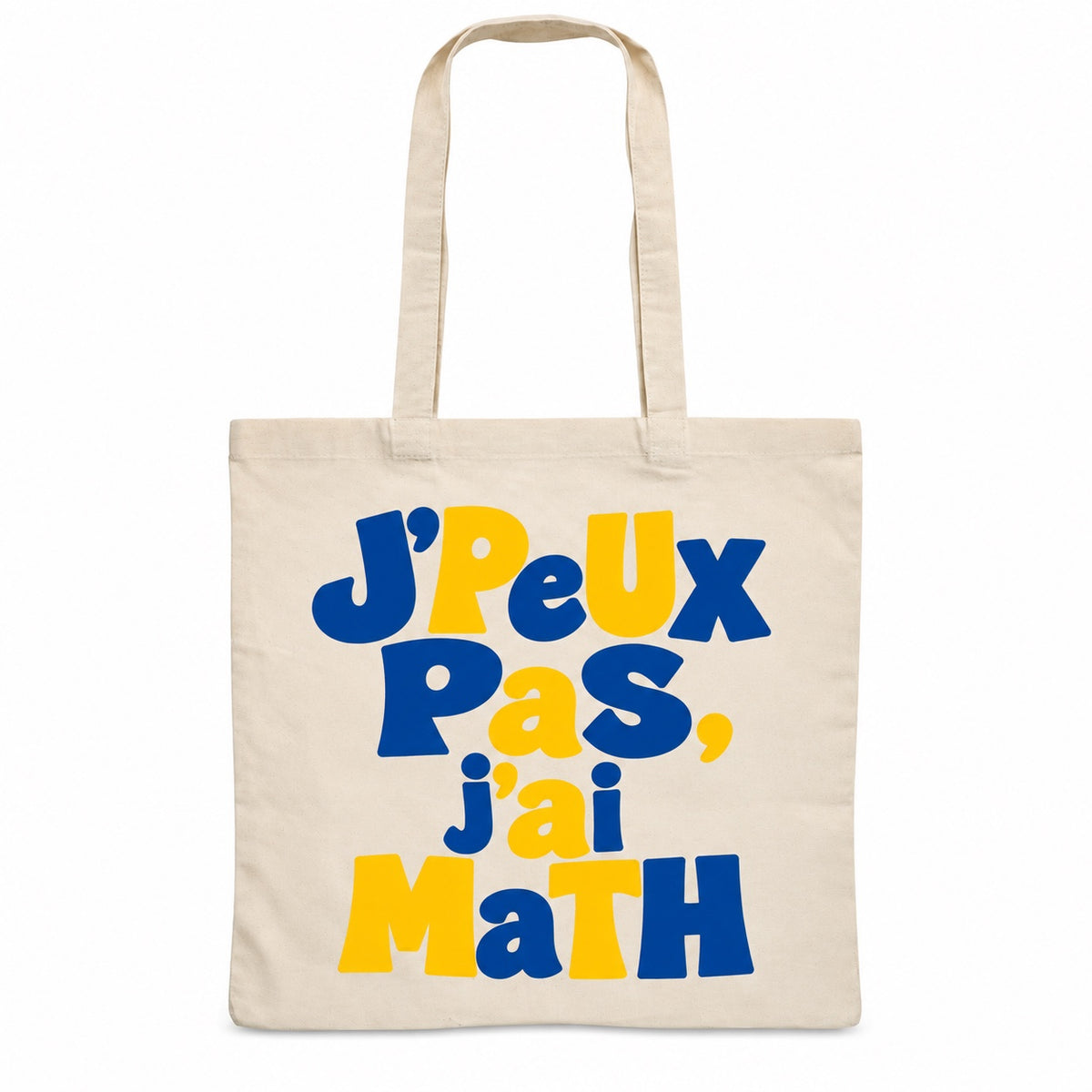 Tote bag « J'peux pas, j'ai math » Essentiel, sac plat en coton naturel 140 g/m² de 38 × 42 cm, grand lettrage rétro en bleu marine et ocre doré