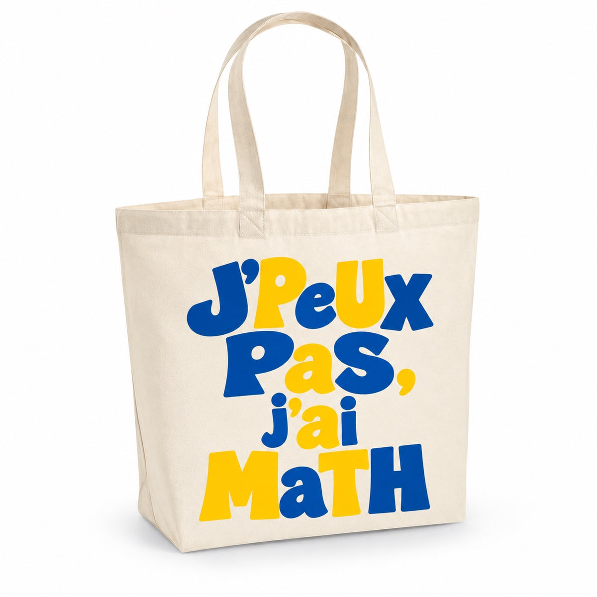 Tote bag « J'peux pas, j'ai math » Premium, cabas à soufflet en coton naturel 200 g/m² de 18 litres, grand lettrage rétro en bleu marine et ocre doré