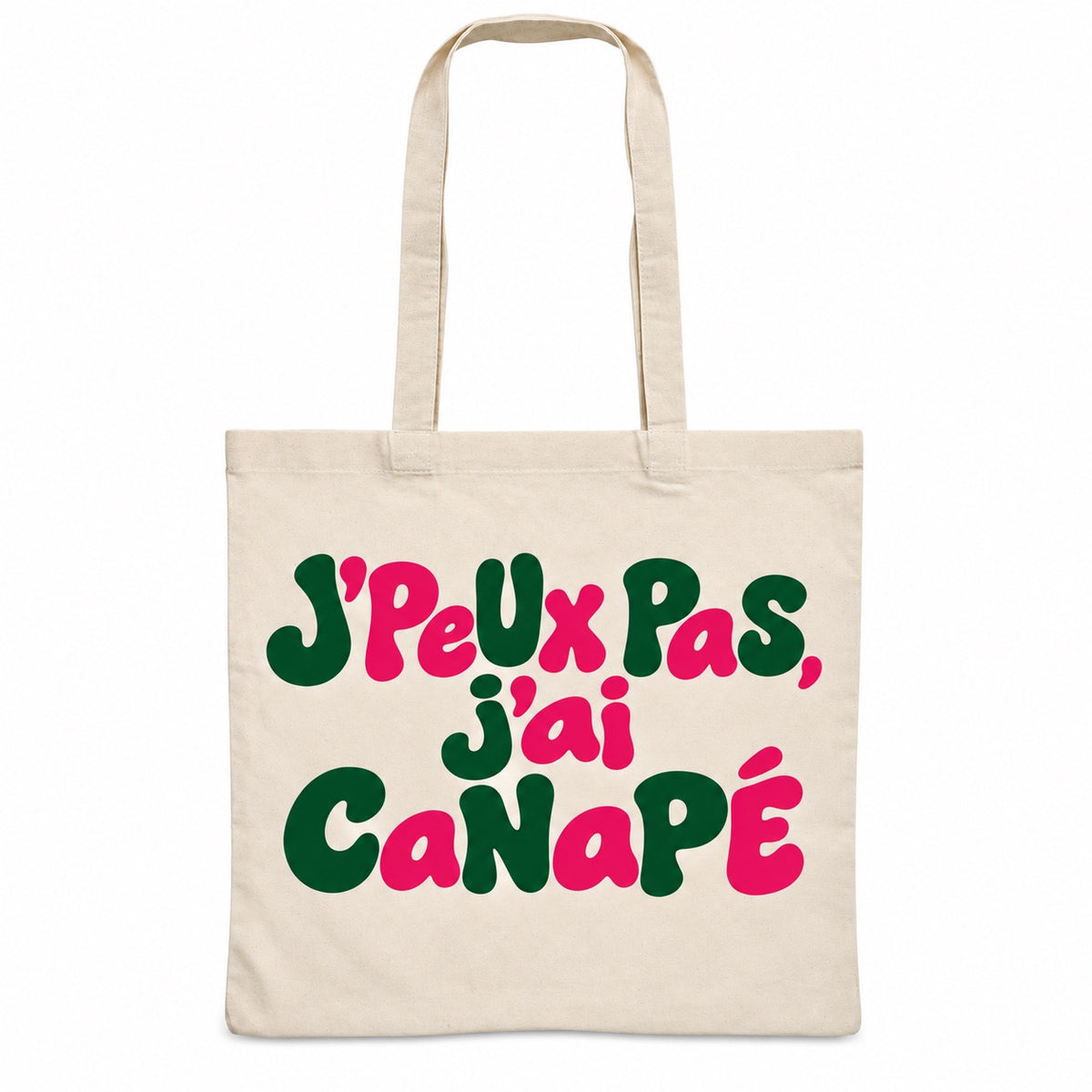 Tote bag « J'peux pas, j'ai canapé » Essentiel, sac plat en coton naturel 140 g/m² de 38 × 42 cm, grand lettrage rétro en vert forêt et rose framboise