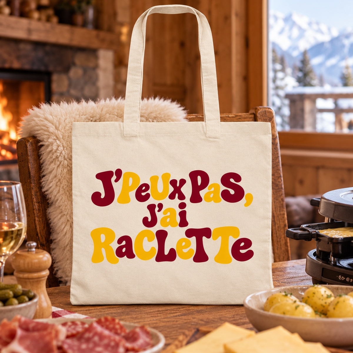 Tote bag « J'peux pas, j'ai raclette » Essentiel appuyé contre une chaise de chalet près de la cheminée