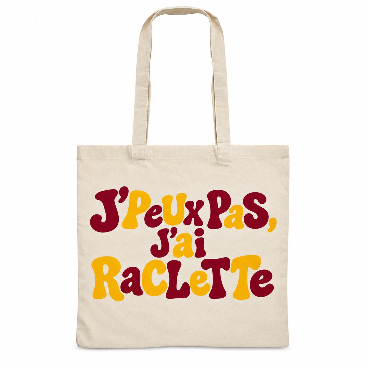Tote bag « J'peux pas, j'ai raclette » Essentiel, sac plat en coton naturel 140 g/m² de 38 × 42 cm, grand lettrage rétro en bordeaux et jaune moutarde