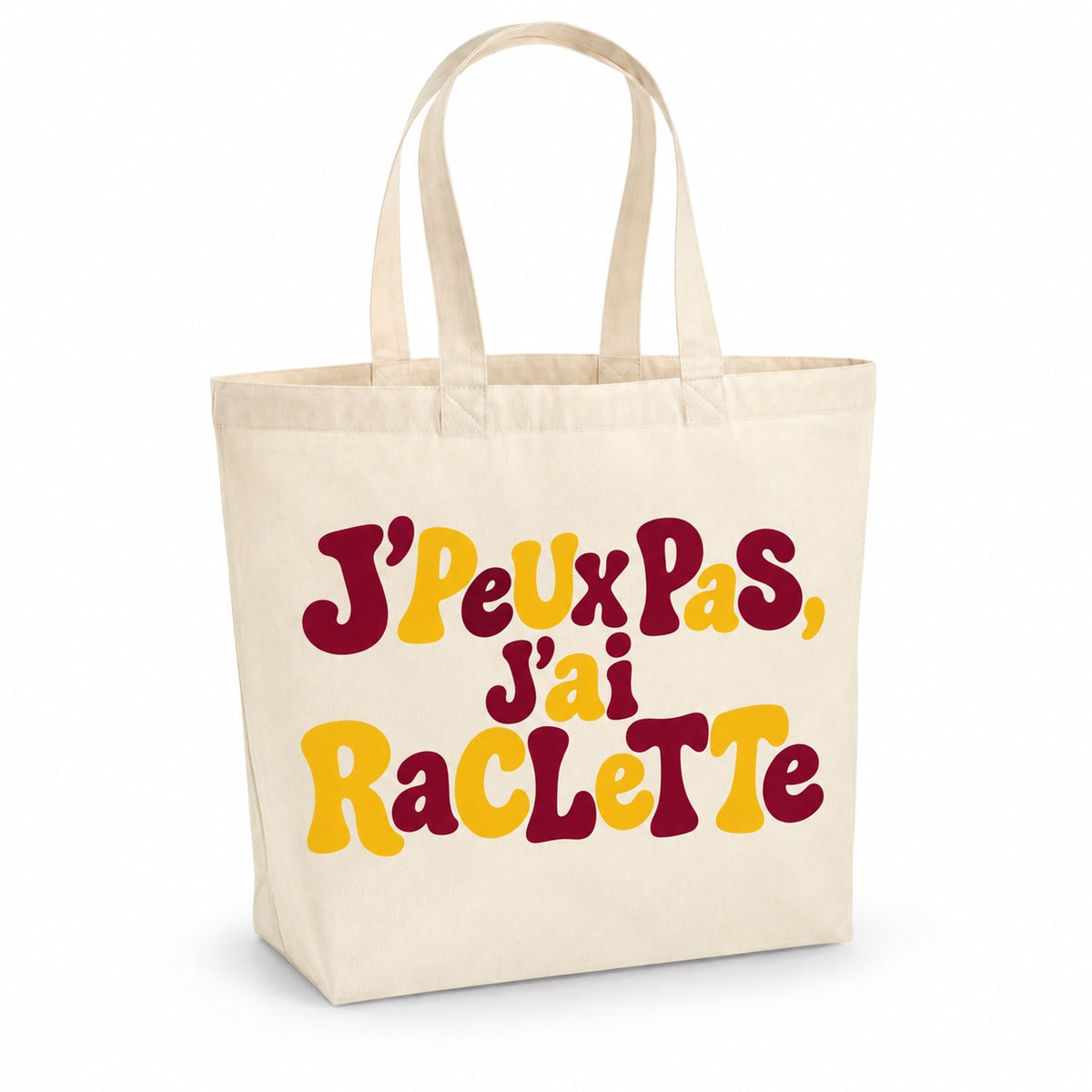 Tote bag « J'peux pas, j'ai raclette » Premium, cabas à soufflet en coton naturel 200 g/m² de 18 litres, grand lettrage rétro en bordeaux et jaune moutarde