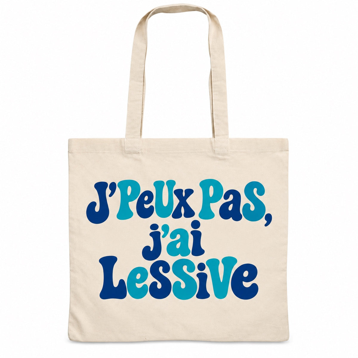 Tote bag « J'peux pas, j'ai lessive » Essentiel, sac plat en coton naturel 140 g/m² de 38 × 42 cm, grand lettrage rétro en bleu denim et turquoise