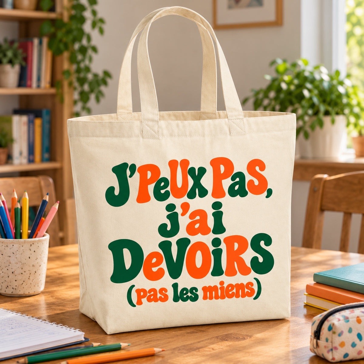 Tote bag « J'peux pas, j'ai devoirs (pas les miens) » Premium posé sur une table de cuisine avec crayons et cahiers