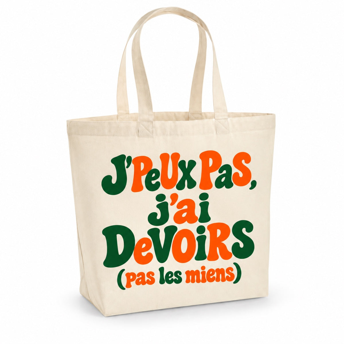 Tote bag « J'peux pas, j'ai devoirs (pas les miens) » Premium, cabas à soufflet en coton naturel 200 g/m² de 18 litres, grand lettrage rétro en vert forêt et orange
