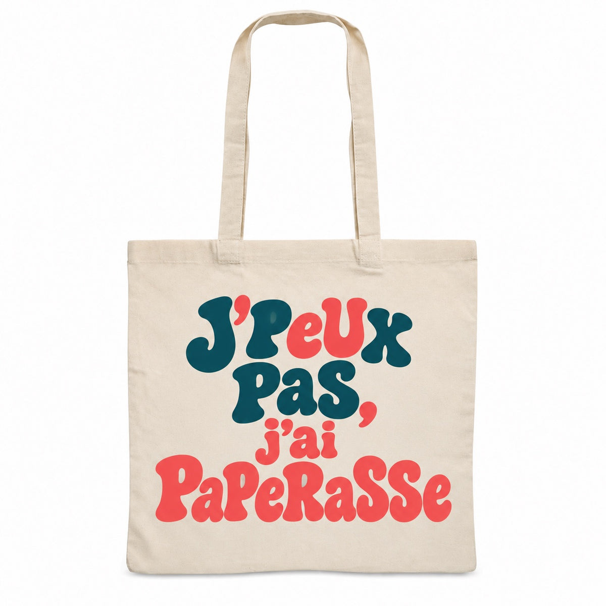 Tote bag « J'peux pas, j'ai paperasse » Essentiel, sac plat en coton naturel 140 g/m² de 38 × 42 cm, grand lettrage rétro en bleu canard et corail