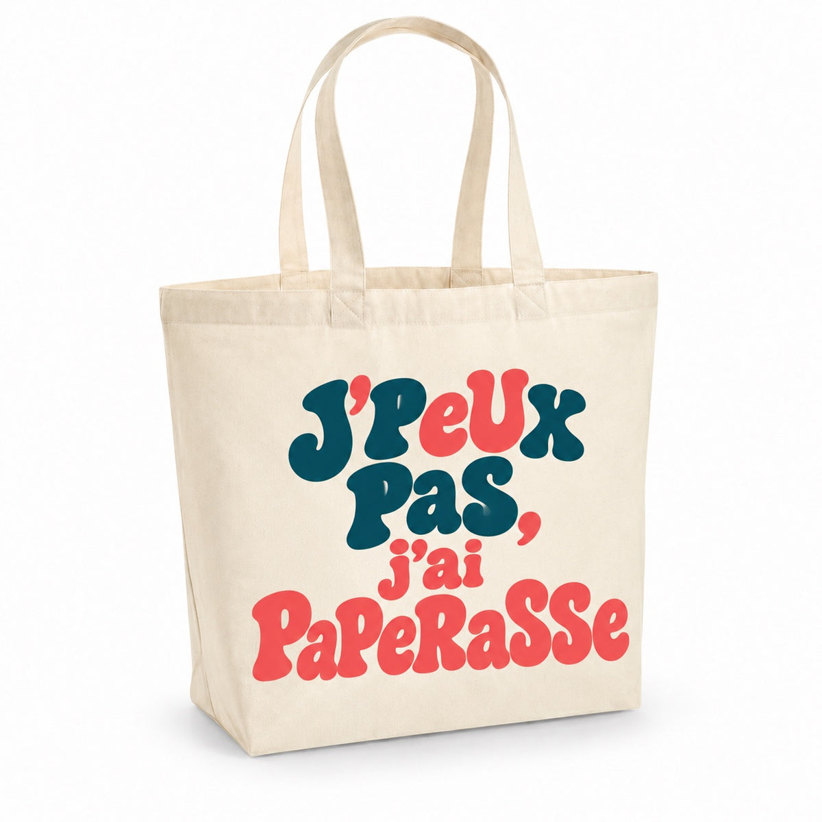 Tote bag « J'peux pas, j'ai paperasse » Premium, cabas à soufflet en coton naturel 200 g/m² de 18 litres, grand lettrage rétro en bleu canard et corail