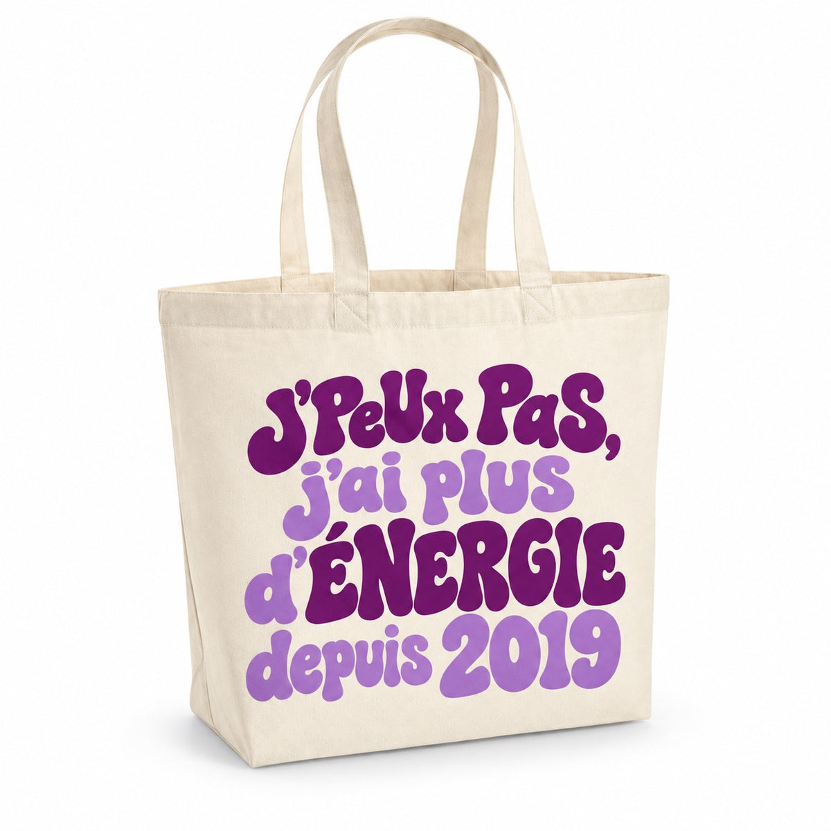 Tote bag « J'peux pas, j'ai plus d'énergie depuis 2019 » Premium, cabas à soufflet en coton naturel 200 g/m² de 18 litres, grand lettrage rétro en prune et lavande