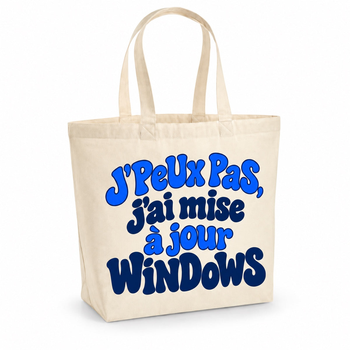 Tote bag « J'peux pas, j'ai mise à jour Windows » Premium, cabas à soufflet en coton naturel 200 g/m² de 18 litres, grand lettrage rétro en bleu électrique et bleu marine