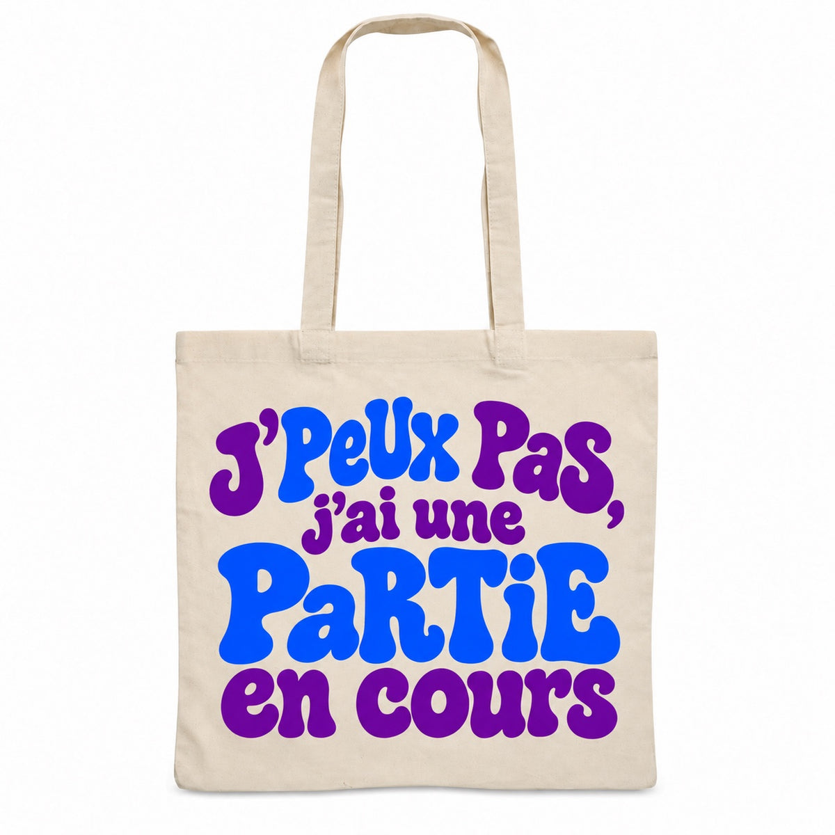 Tote bag « J'peux pas, j'ai une partie en cours » Essentiel, sac plat en coton naturel 140 g/m² de 38 × 42 cm, grand lettrage rétro en violet et bleu électrique