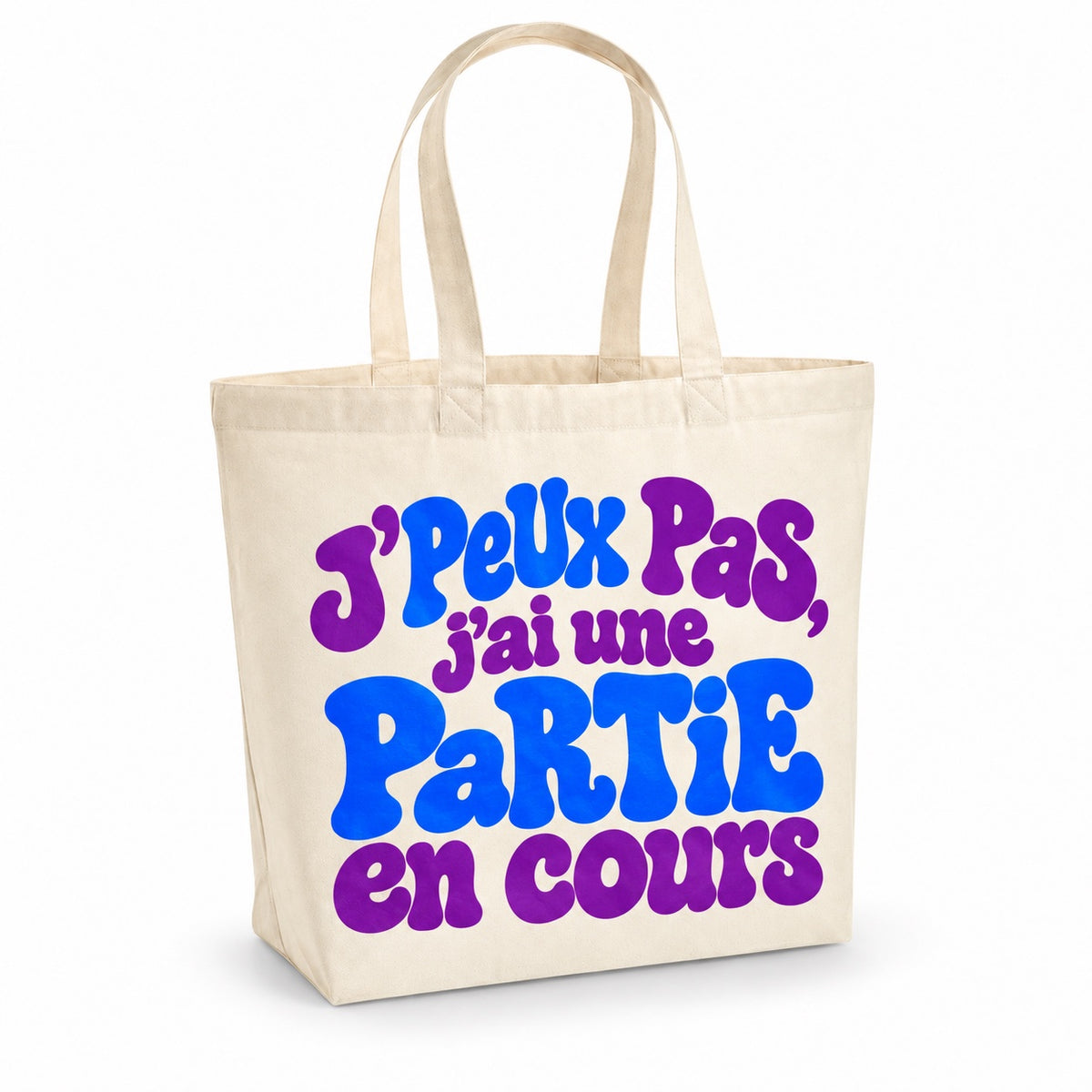 Tote bag « J'peux pas, j'ai une partie en cours » Premium, cabas à soufflet en coton naturel 200 g/m² de 18 litres, grand lettrage rétro en violet et bleu électrique