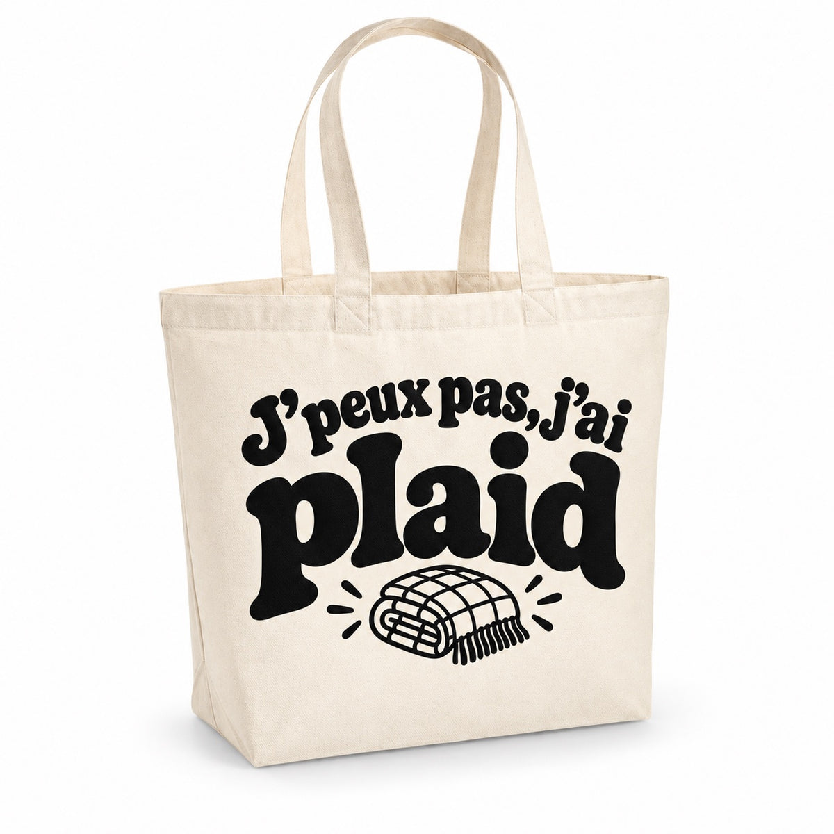 Tote bag « J'peux pas, j'ai plaid » Premium, cabas à soufflet en coton naturel 200 g/m² de 18 litres, grand lettrage rétro noir et petit dessin au trait : un plaid plié