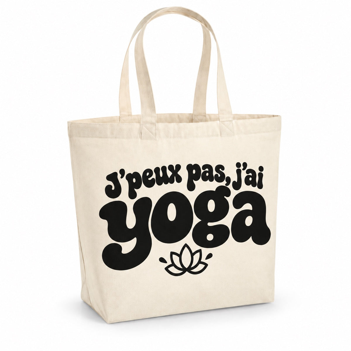Tote bag « J'peux pas, j'ai yoga » Premium, cabas à soufflet en coton naturel 200 g/m² de 18 litres, grand lettrage rétro noir et petit dessin au trait : une fleur de lotus