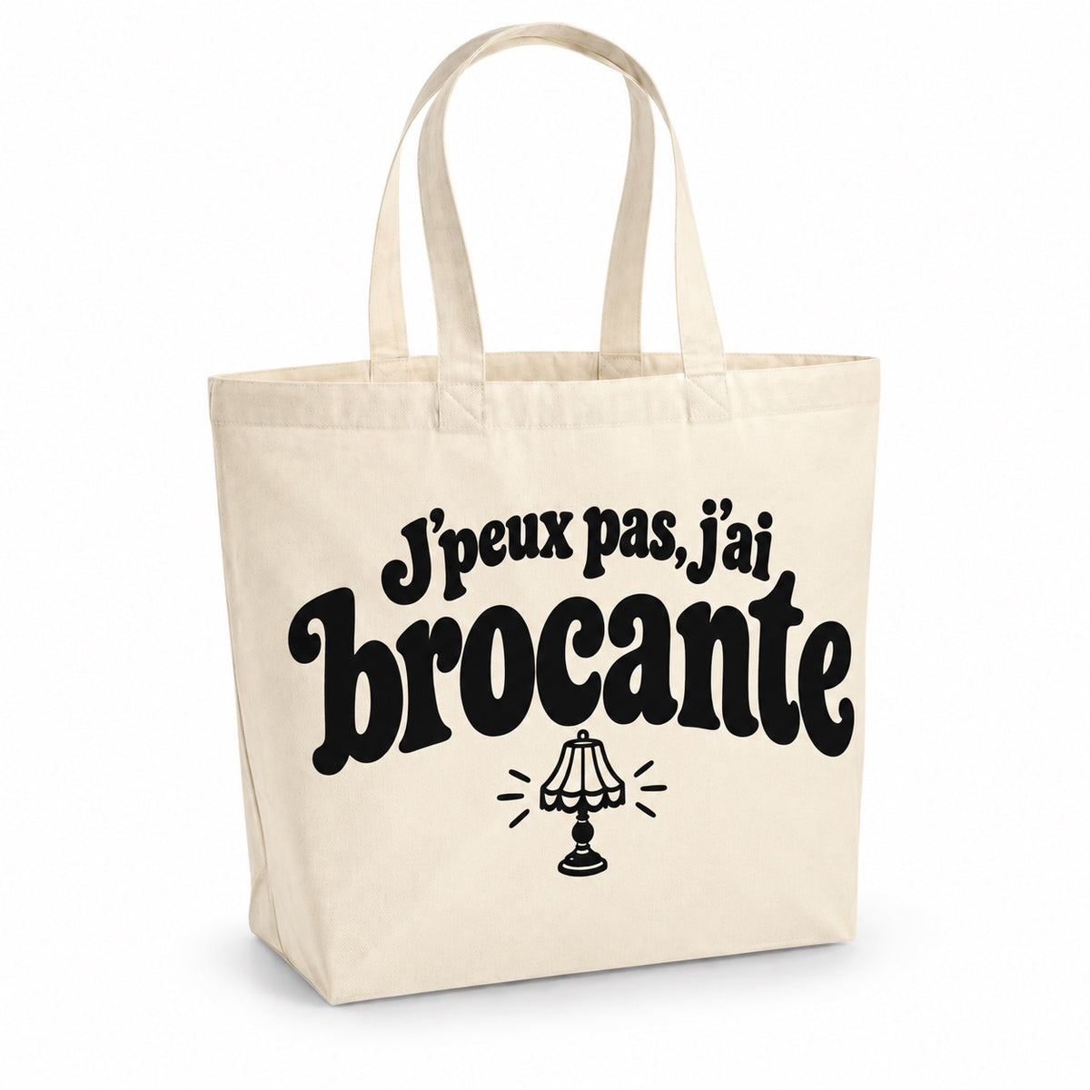 Tote bag « J'peux pas, j'ai brocante » Premium, cabas à soufflet en coton naturel 200 g/m² de 18 litres, grand lettrage rétro noir et petit dessin au trait : une petite lampe vintage