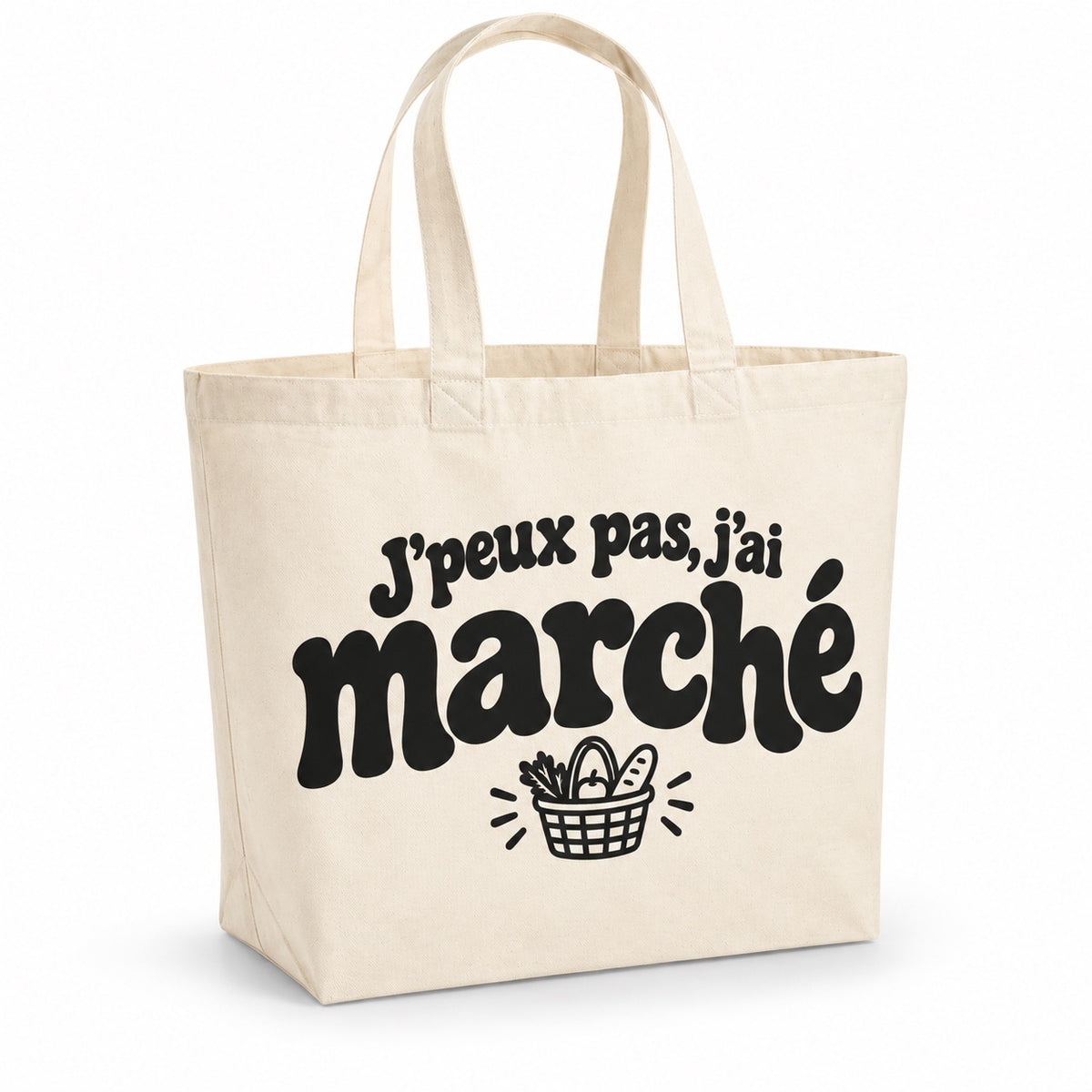 Tote bag « J'peux pas, j'ai marché » Premium, cabas à soufflet en coton naturel 200 g/m² de 18 litres, grand lettrage rétro noir et petit dessin au trait : un panier de marché