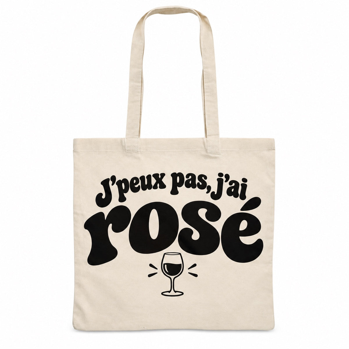 Tote bag « J'peux pas, j'ai rosé » Essentiel, sac plat en coton naturel 140 g/m² de 38 × 42 cm, grand lettrage rétro noir et petit dessin au trait : un verre à pied