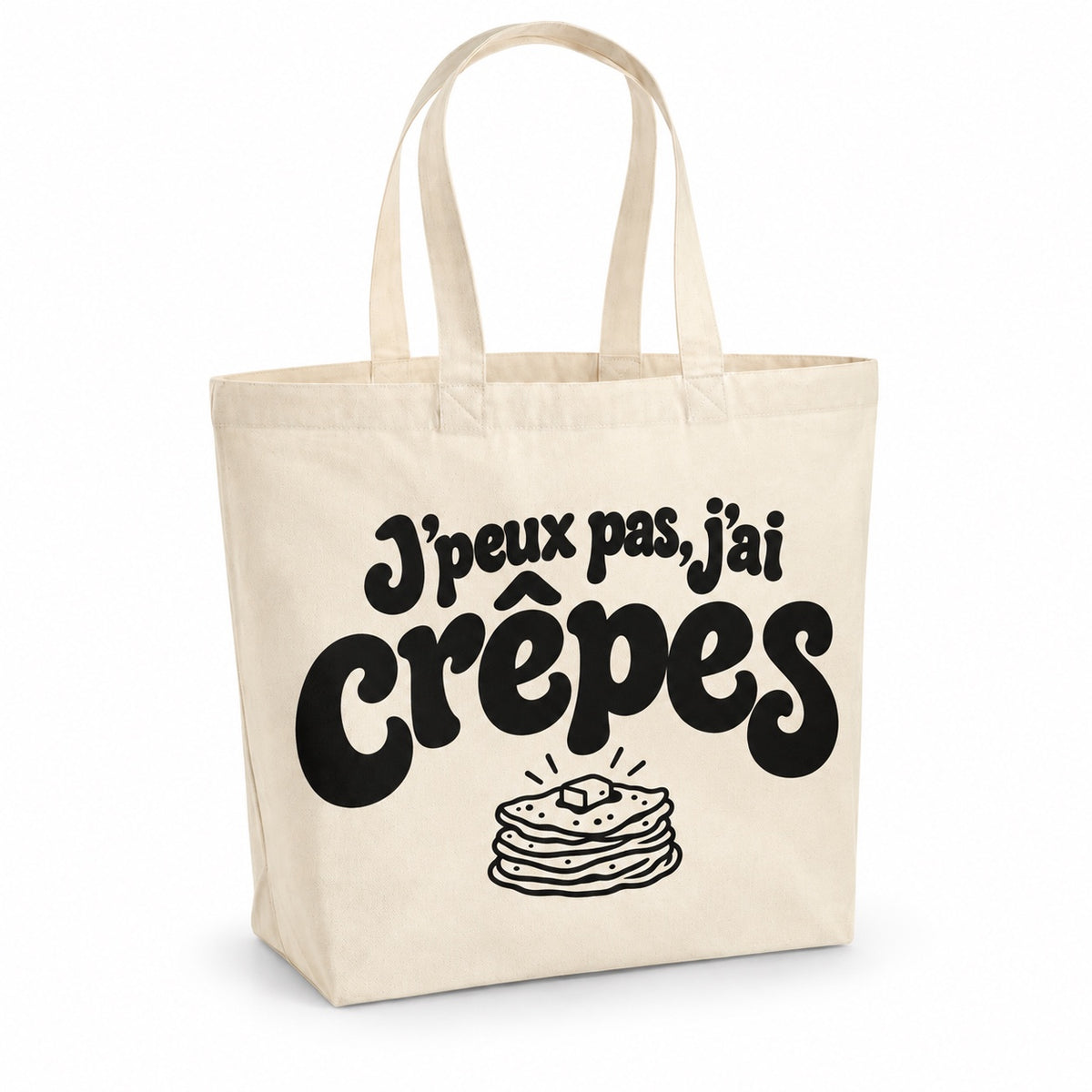 Tote bag « J'peux pas, j'ai crêpes » Premium, cabas à soufflet en coton naturel 200 g/m² de 18 litres, grand lettrage rétro noir et petit dessin au trait : une pile de crêpes