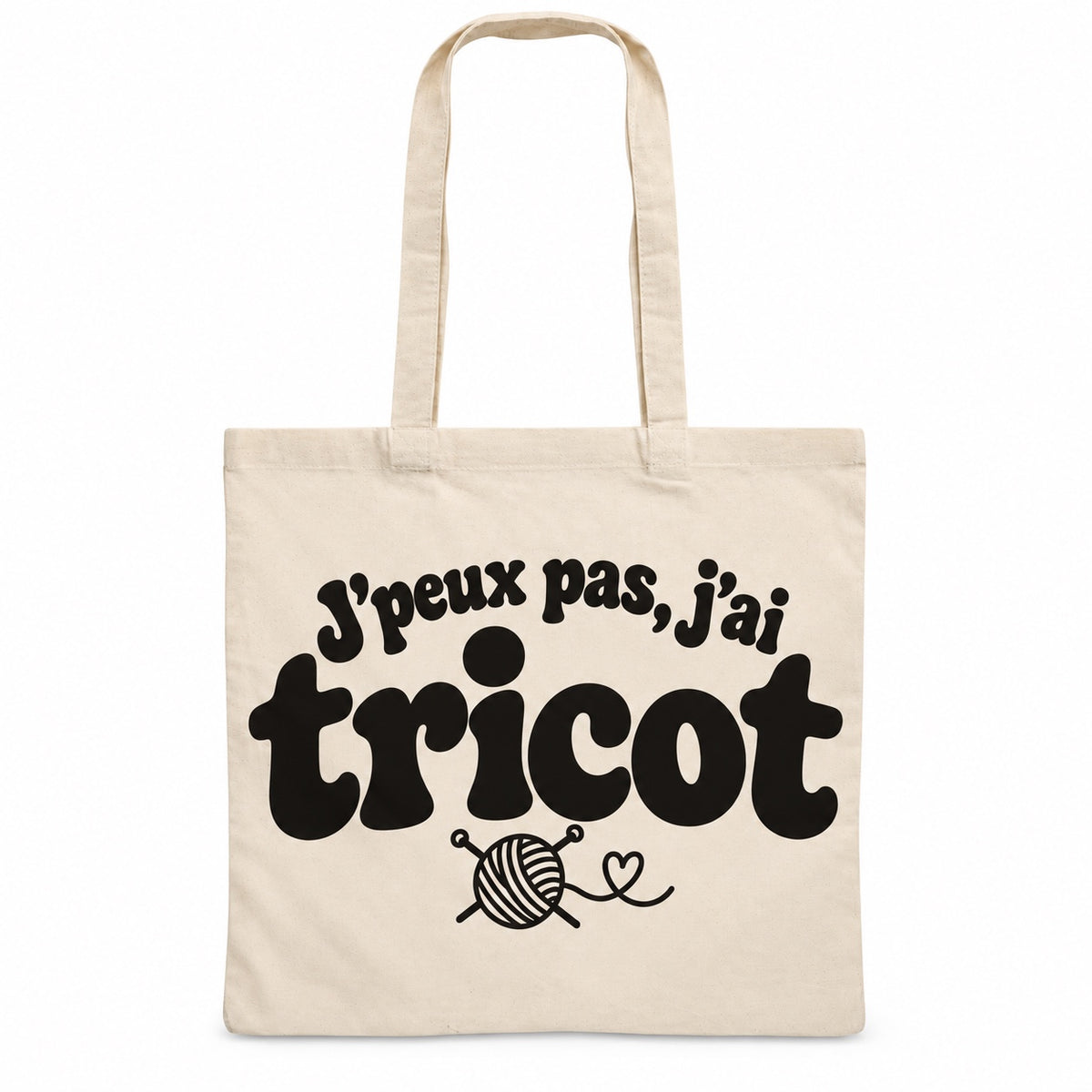 Tote bag « J'peux pas, j'ai tricot » Essentiel, sac plat en coton naturel 140 g/m² de 38 × 42 cm, grand lettrage rétro noir et petit dessin au trait : une pelote et deux aiguilles