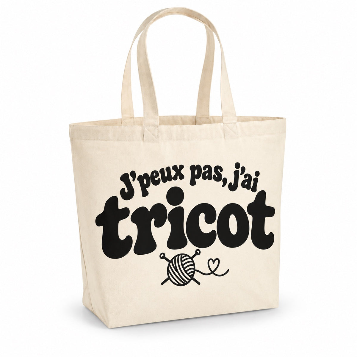 Tote bag « J'peux pas, j'ai tricot » Premium, cabas à soufflet en coton naturel 200 g/m² de 18 litres, grand lettrage rétro noir et petit dessin au trait : une pelote et deux aiguilles