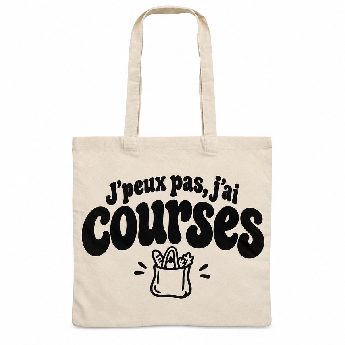 Tote bag « J'peux pas, j'ai courses » Essentiel, sac plat en coton naturel 140 g/m² de 38 × 42 cm, grand lettrage rétro noir et petit dessin au trait : un sac de courses