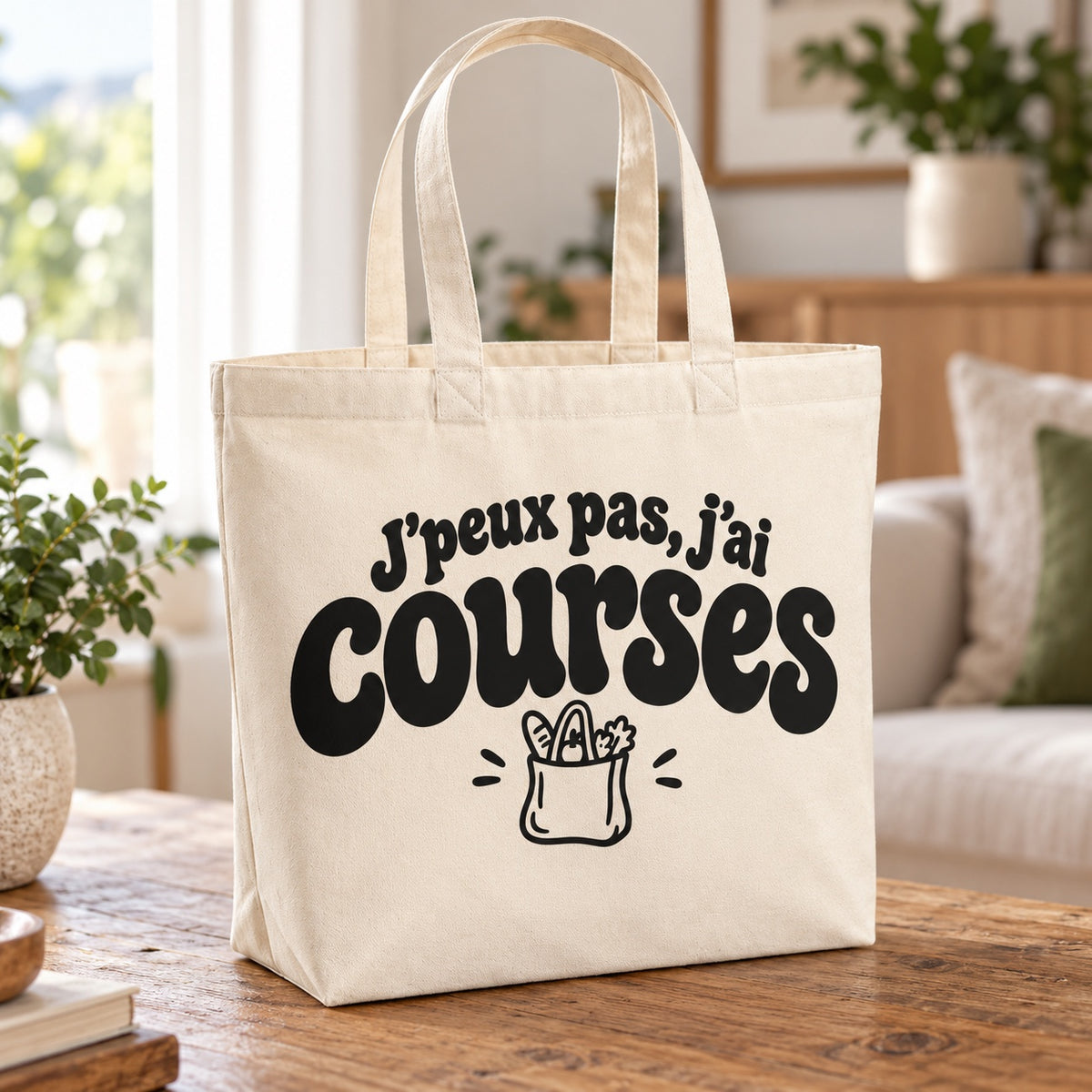 Tote bag « J'peux pas, j'ai courses » Premium posé sur une table en bois dans un salon lumineux