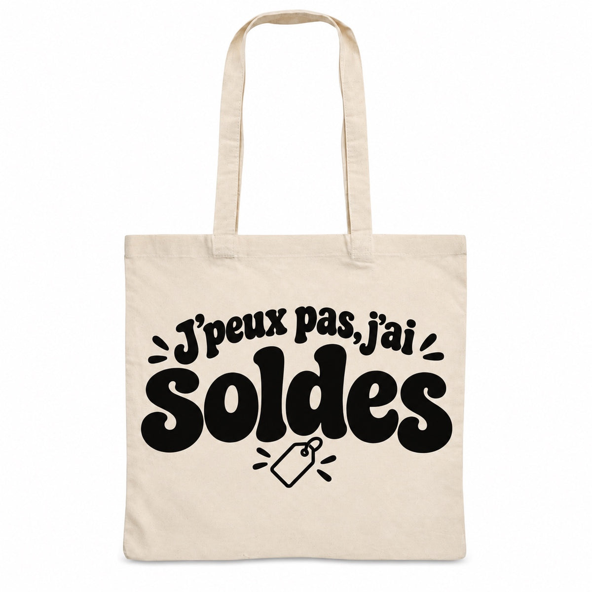 Tote bag « J'peux pas, j'ai soldes » Essentiel, sac plat en coton naturel 140 g/m² de 38 × 42 cm, grand lettrage rétro noir et petit dessin au trait : une étiquette de prix