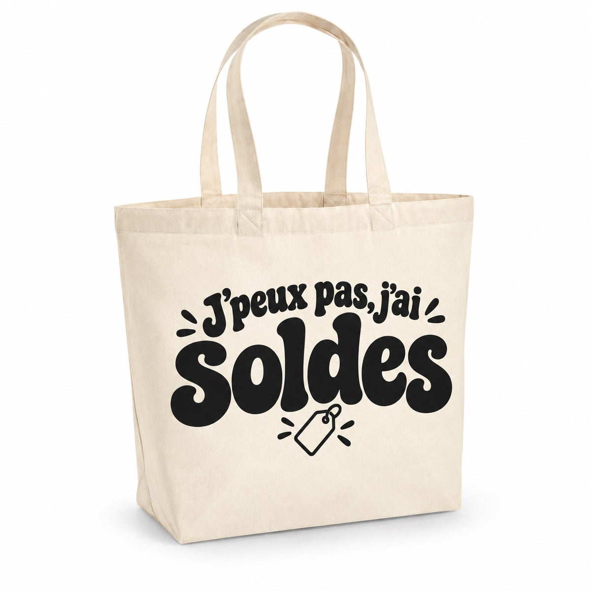 Tote bag « J'peux pas, j'ai soldes » Premium, cabas à soufflet en coton naturel 200 g/m² de 18 litres, grand lettrage rétro noir et petit dessin au trait : une étiquette de prix
