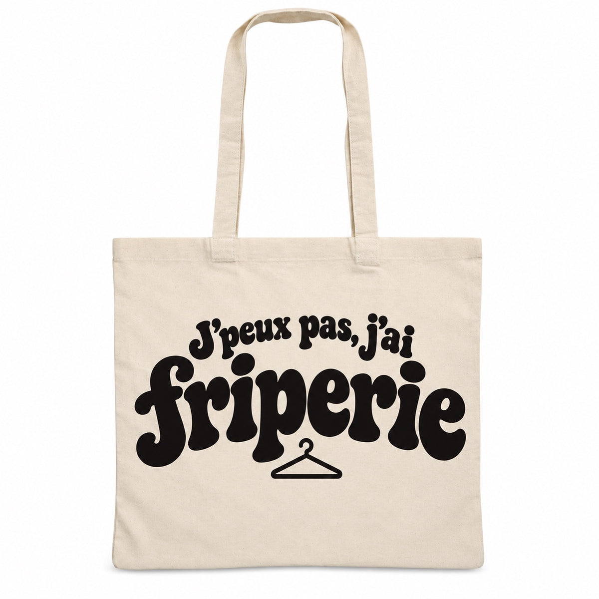 Tote bag « J'peux pas, j'ai friperie » Essentiel, sac plat en coton naturel 140 g/m² de 38 × 42 cm, grand lettrage rétro noir et petit dessin au trait : un cintre