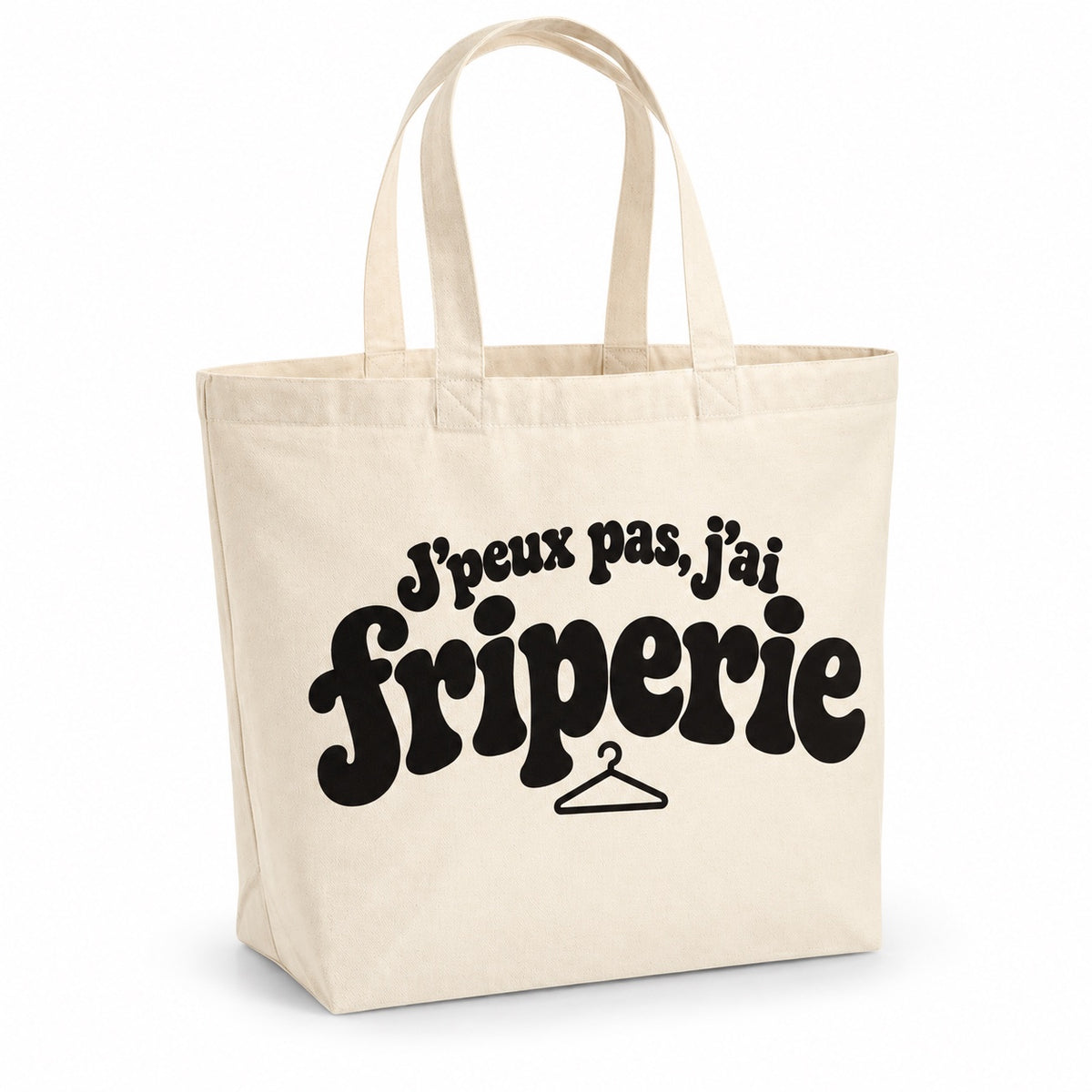 Tote bag « J'peux pas, j'ai friperie » Premium, cabas à soufflet en coton naturel 200 g/m² de 18 litres, grand lettrage rétro noir et petit dessin au trait : un cintre