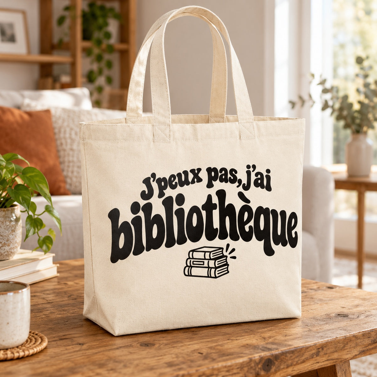 Tote bag « J'peux pas, j'ai bibliothèque » Premium posé sur une table en bois dans un salon lumineux